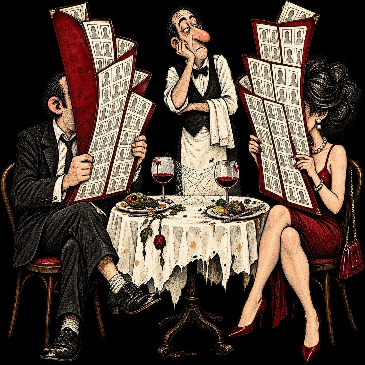 Two diners hidden behind enormous menus of alternatives while their meal decays