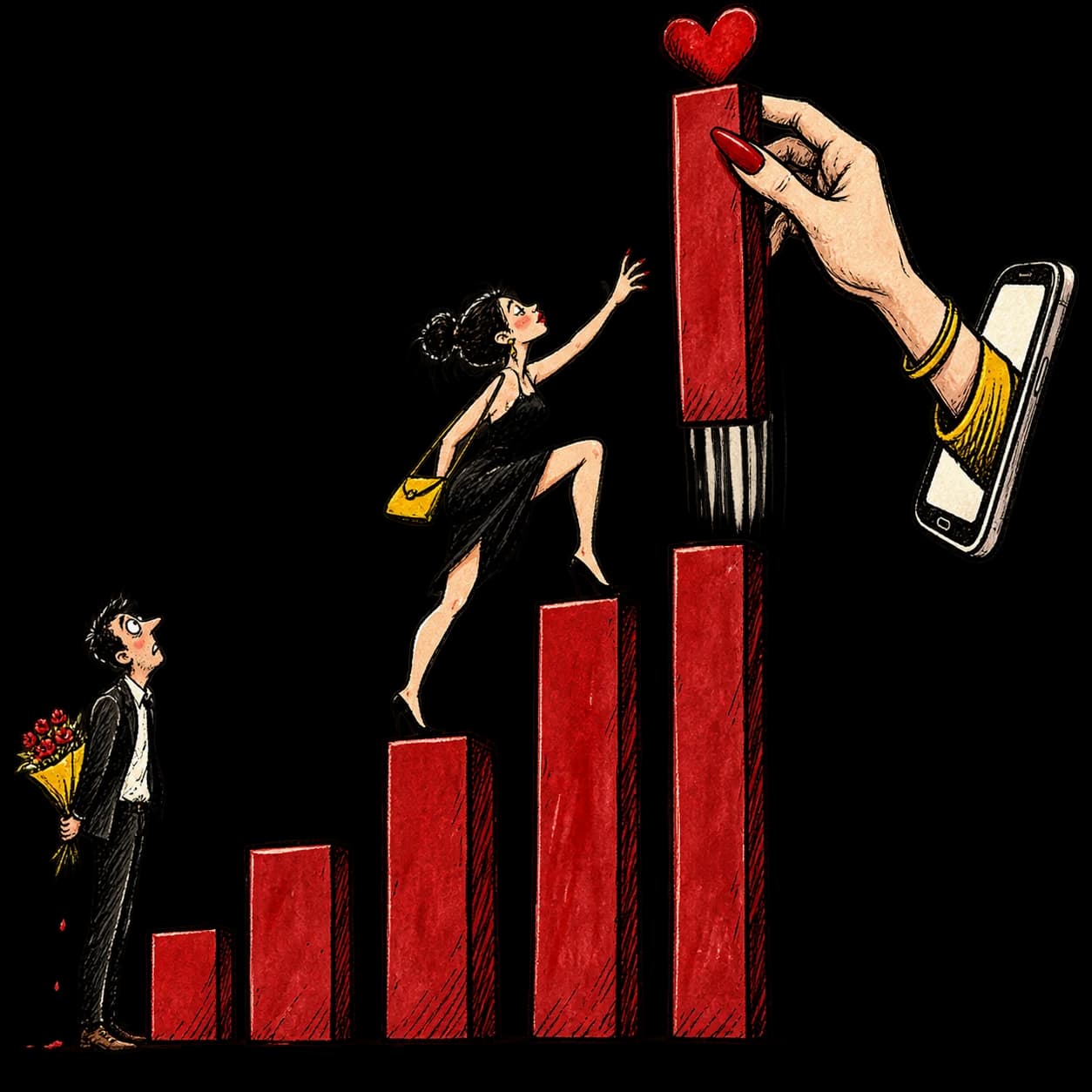 A dater climbing a bar chart while a phone moves the highest bar beyond reach