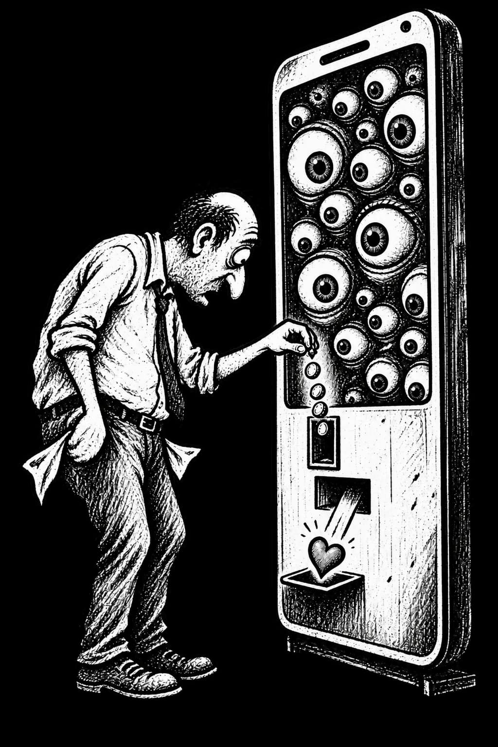 A man feeding coins into a phone-shaped attention machine while dozens of eyes watch
